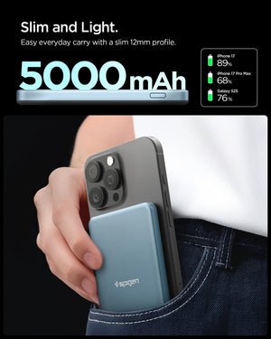 Slim 12mm Teal Blue Spigen 5000mAh magnetic power bank in hand