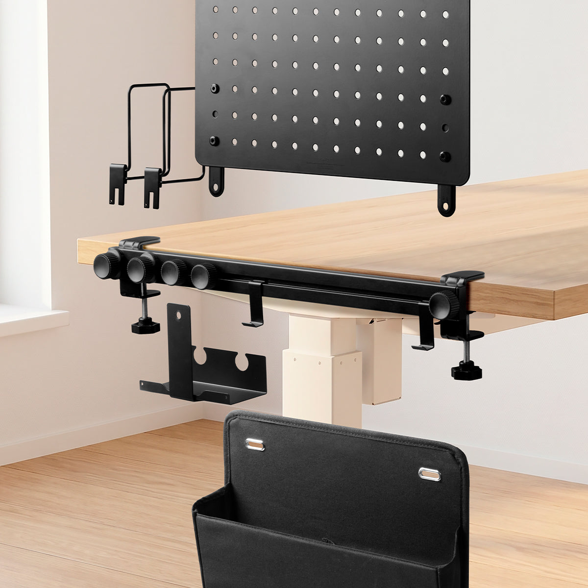 Expanded LD406 rail layout with pegboard, hooks, tray and organizer pouch