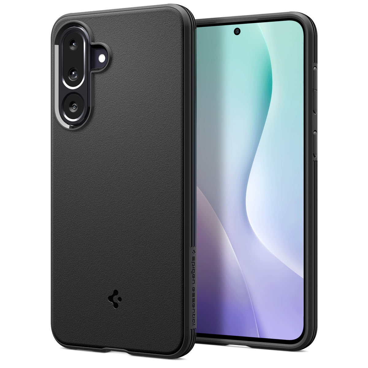 Spigen Galaxy M56 5G Case – Essential Sand Blast — Matte Black, front and rear view