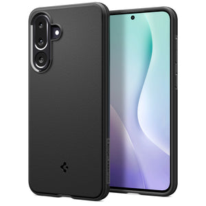 Spigen Galaxy M56 5G Case – Essential Sand Blast — Matte Black, front and rear view