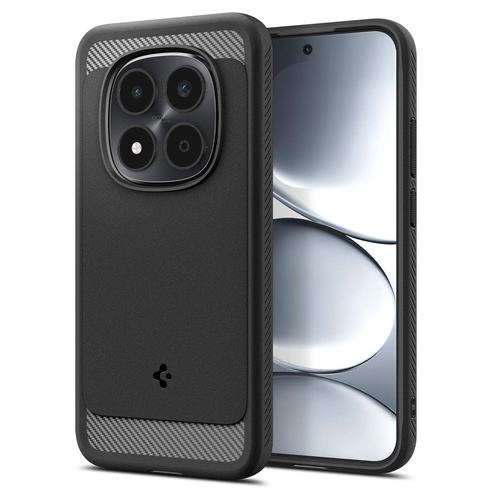 Spigen Rugged Armor case shown on Redmi Note 15 Pro 5G from front and back