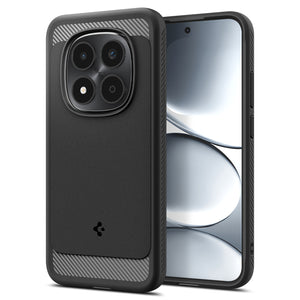 Spigen Rugged Armor case shown on Redmi Note 15 Pro 5G from front and back