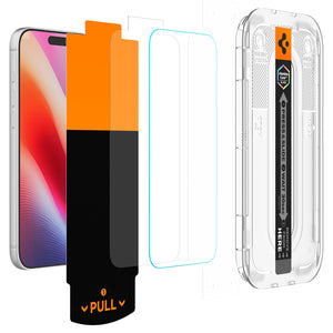 Exploded view of the iPhone Pro Max, clear glass protector and EZ Fit Pro installation parts