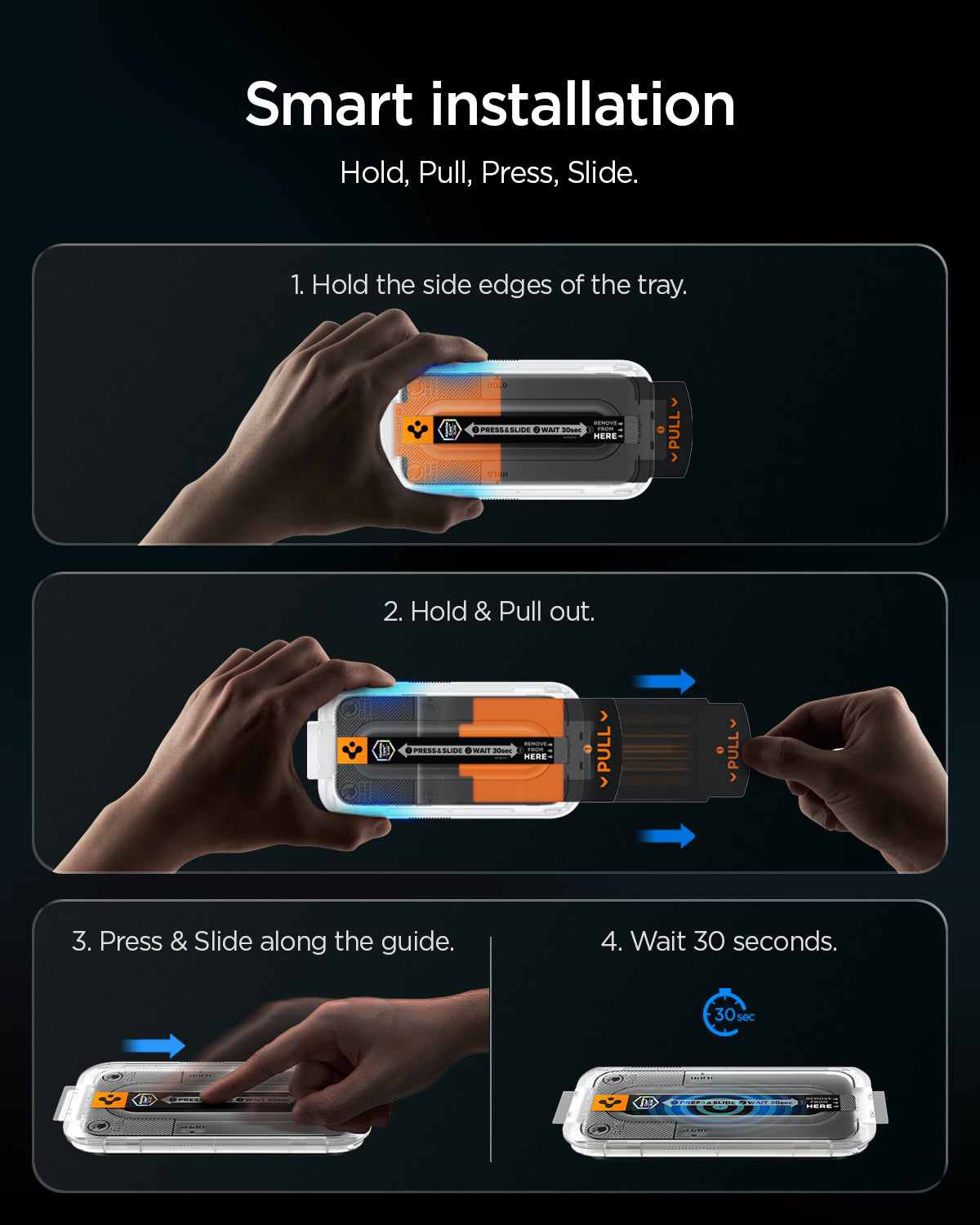 iPhone Pro EZ Fit Pro hold, pull, press-slide and wait installation steps