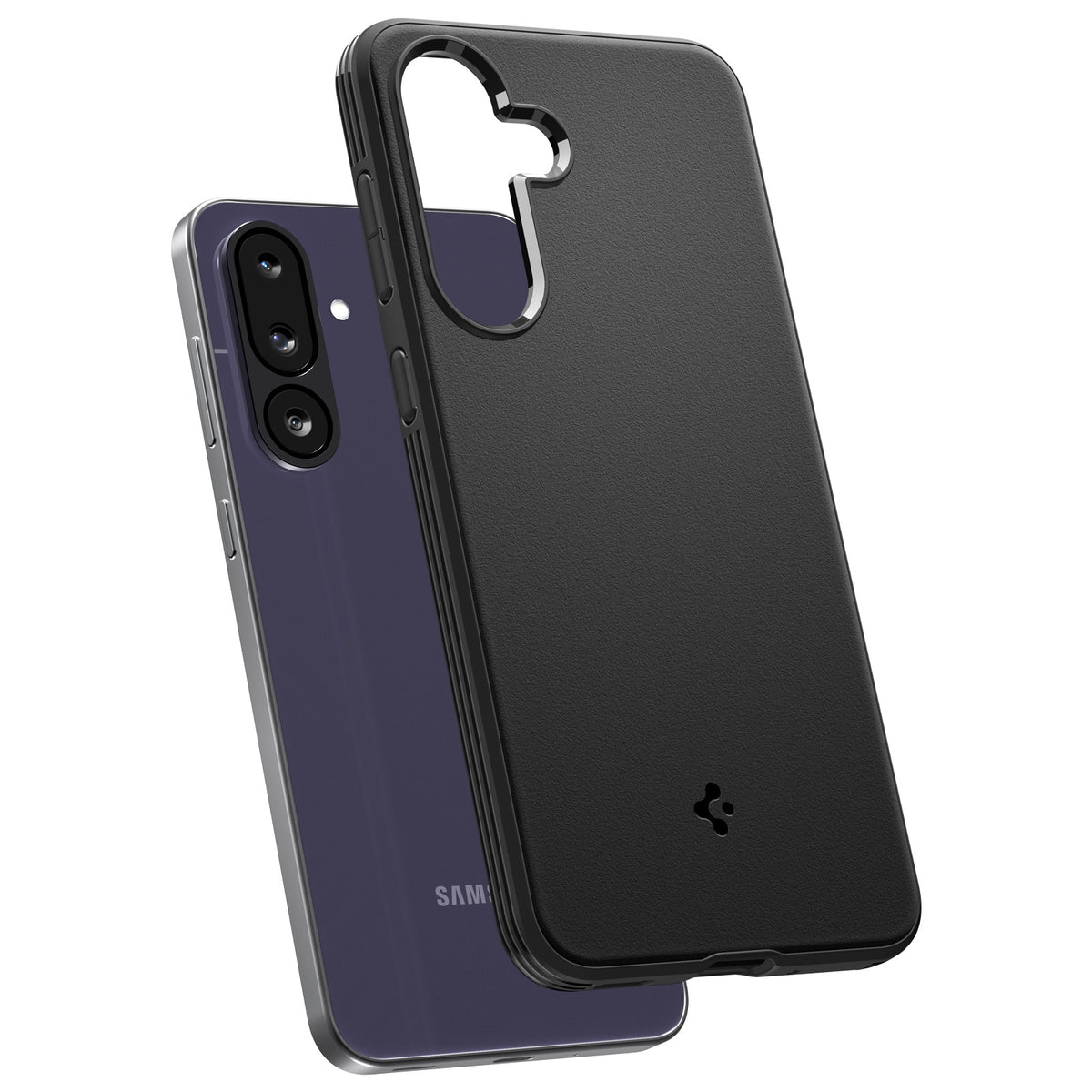 Spigen Galaxy M56 5G Case – Essential Sand Blast — Matte Black, case and phone