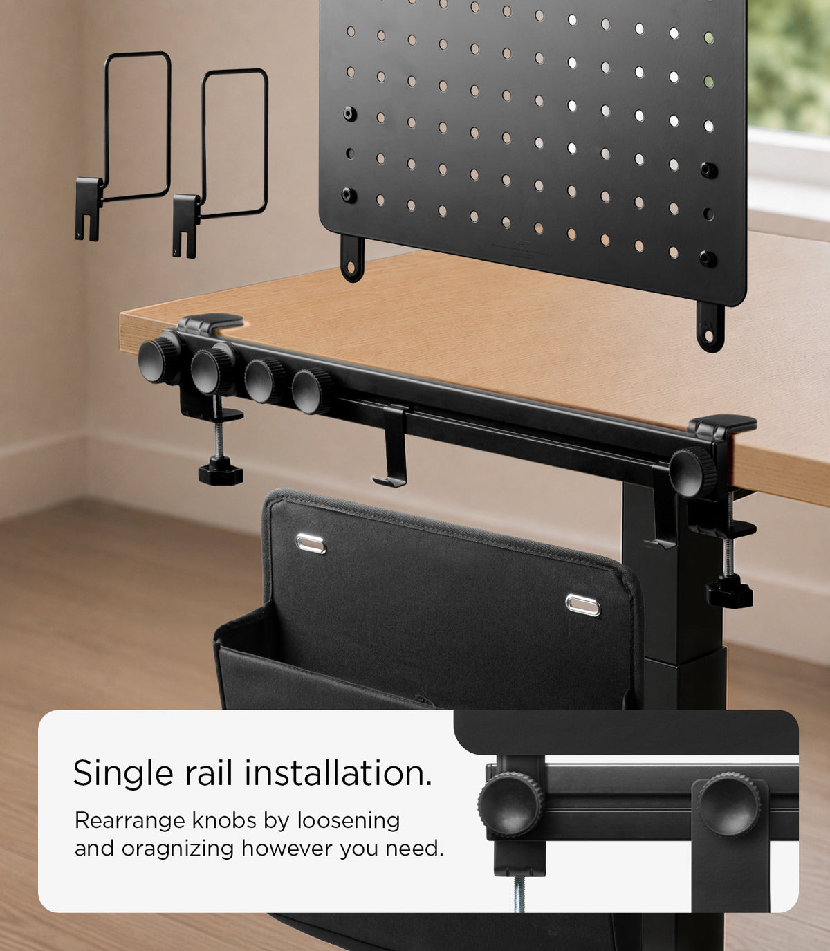 Single-rail LD406 installation with repositionable pegboard and accessories