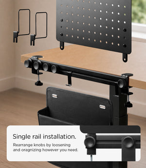 Single-rail LD406 installation with repositionable pegboard and accessories