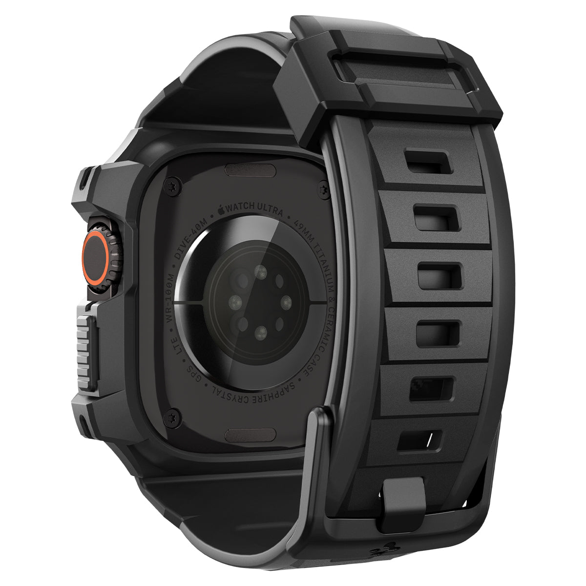 Spigen Apple Watch Ultra 4 / 3 / 2 / 1 (49mm) Case + Band – Rugged Armor Pro with Glass — Black, construction, fit or installation view 13
