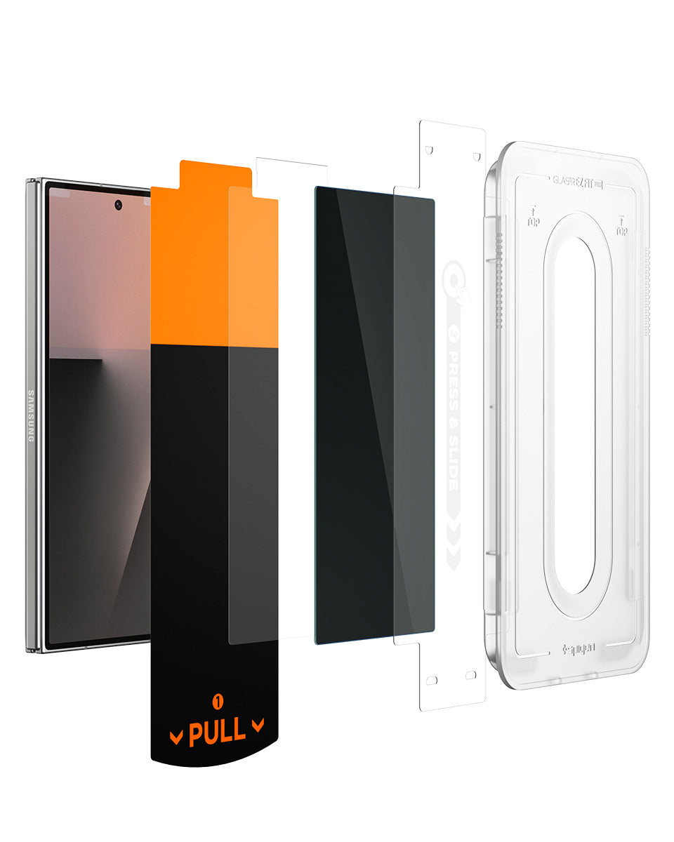 Exploded layers of the Galaxy Z Fold privacy protector and EZ Fit Pro tray