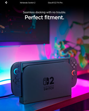 Nintendo Switch 2 with a fitted clear glass screen protector and docking-compatible outline