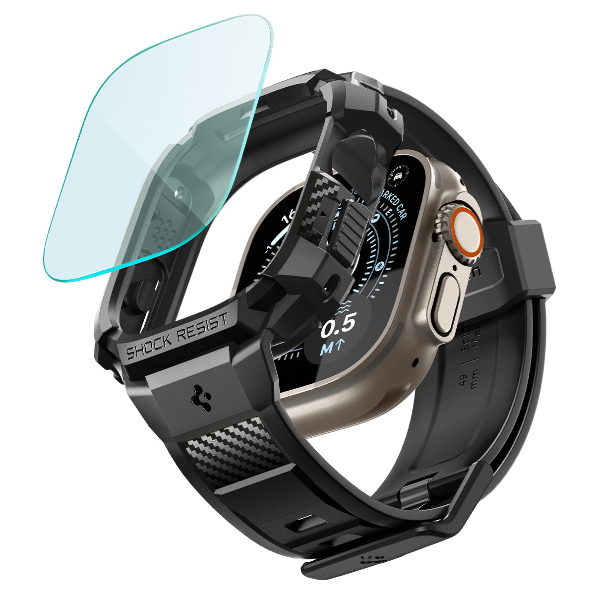 Spigen Apple Watch Ultra 4 / 3 / 2 / 1 (49mm) Case + Band – Rugged Armor Pro with Glass — Black, case and included glass