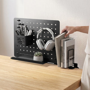 Spigen LD406 upright desktop organization layout with side bookends