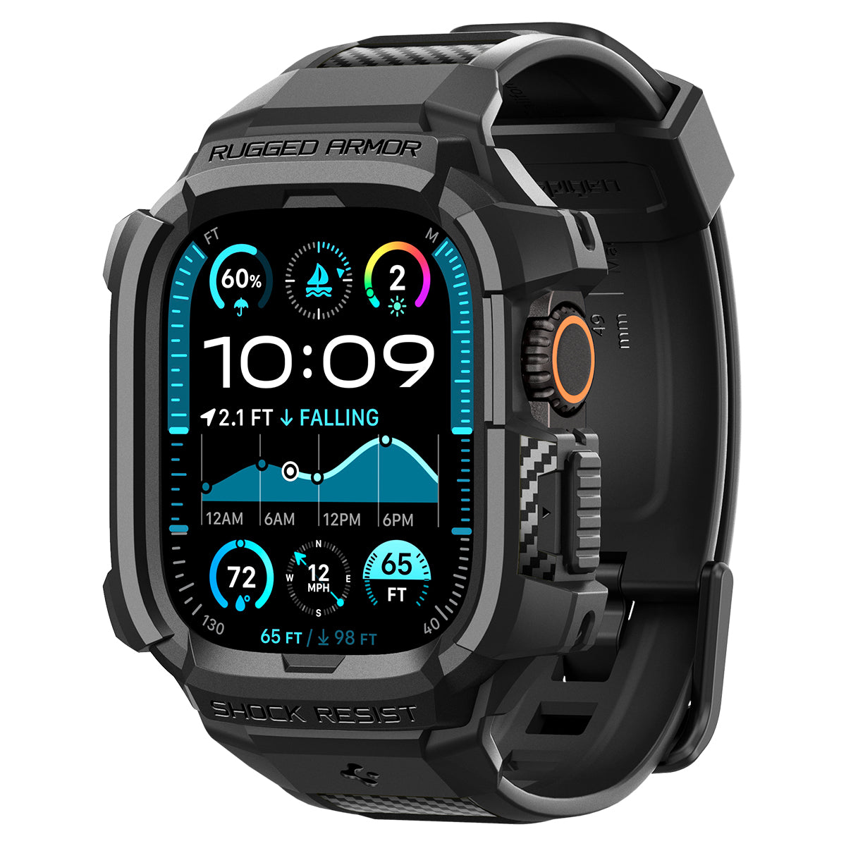 Spigen Apple Watch Ultra 4 / 3 / 2 / 1 (49mm) Case + Band – Rugged Armor Pro with Glass — Black, construction, fit or installation view 19