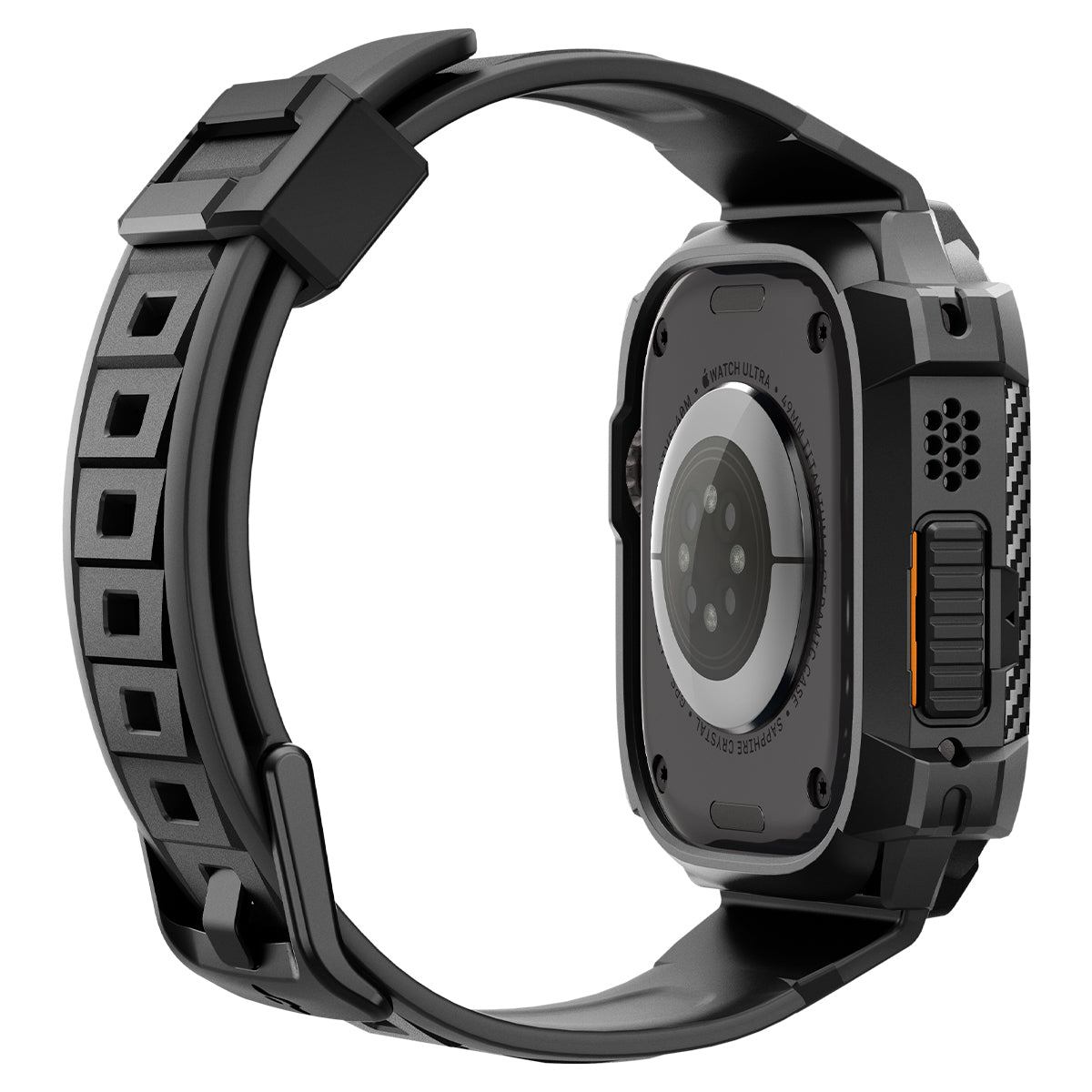 Spigen Apple Watch Ultra 4 / 3 / 2 / 1 (49mm) Case + Band – Rugged Armor Pro with Glass — Black, construction, fit or installation view 18