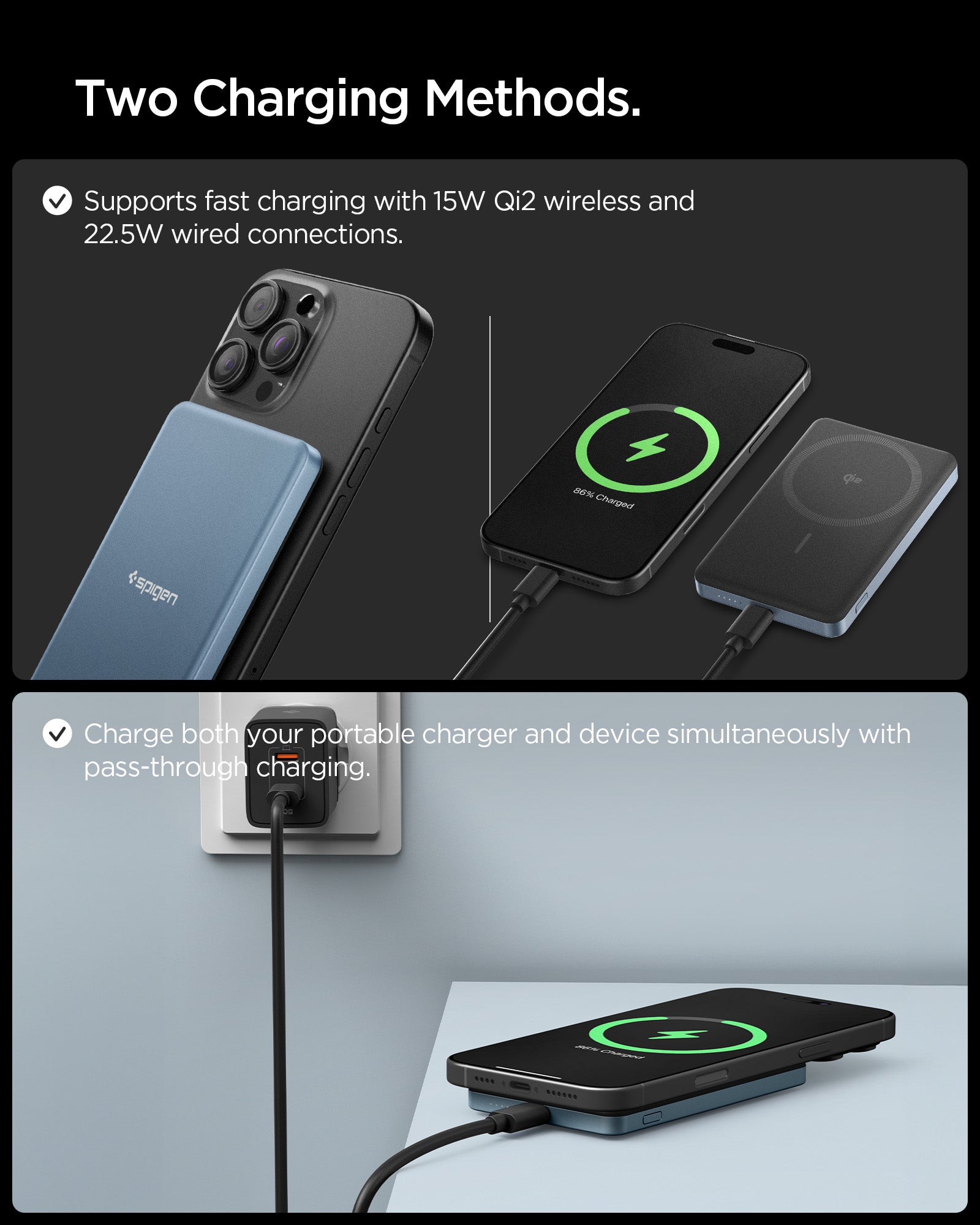 Teal Blue Spigen EA2205MQ supporting 15W Qi2 and 22.5W USB-C charging