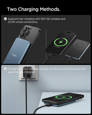Teal Blue Spigen EA2205MQ supporting 15W Qi2 and 22.5W USB-C charging