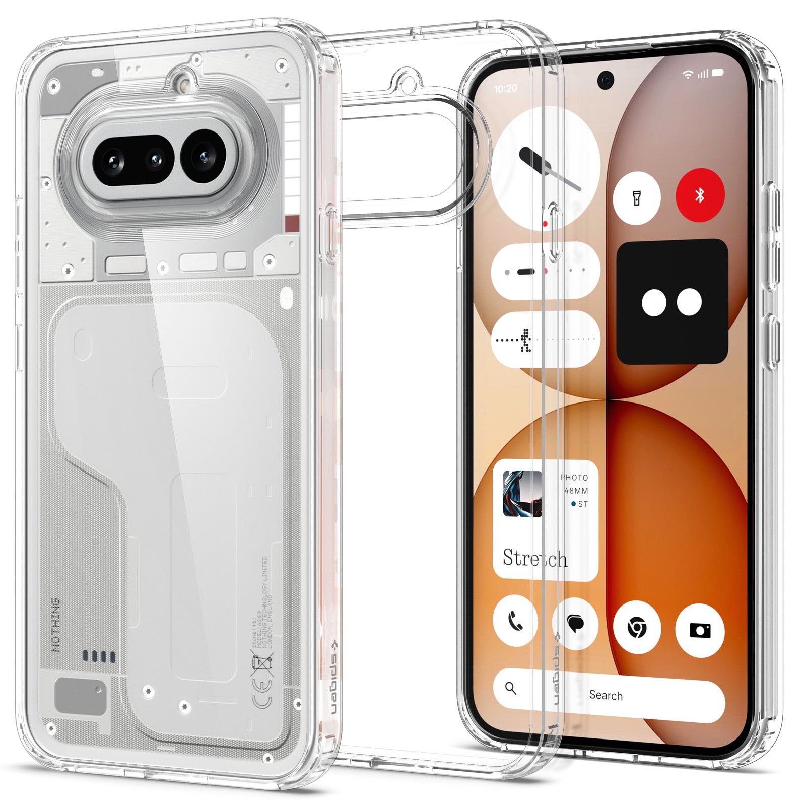 Clear Spigen Ultra Hybrid case shown around the Nothing Phone 4a from front and back