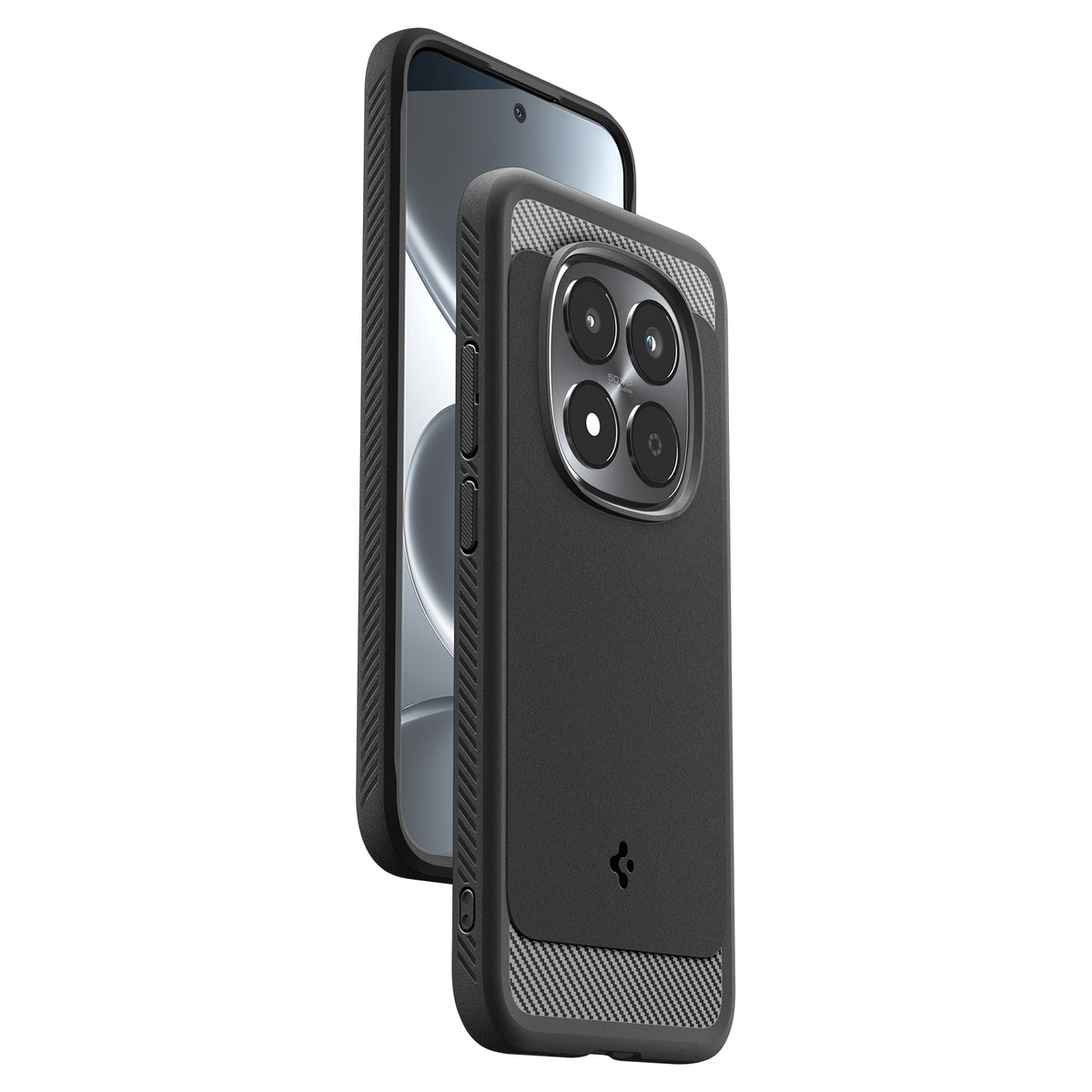 Rear angled view showing the raised camera frame and textured sides
