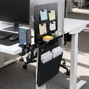 LD406 rail pegboard fitted to a white work desk with notes and side pouch