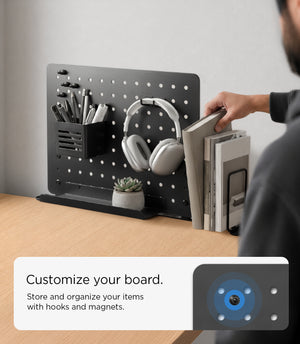 Customizable Spigen LD406 pegboard holding stationery, headphones and books