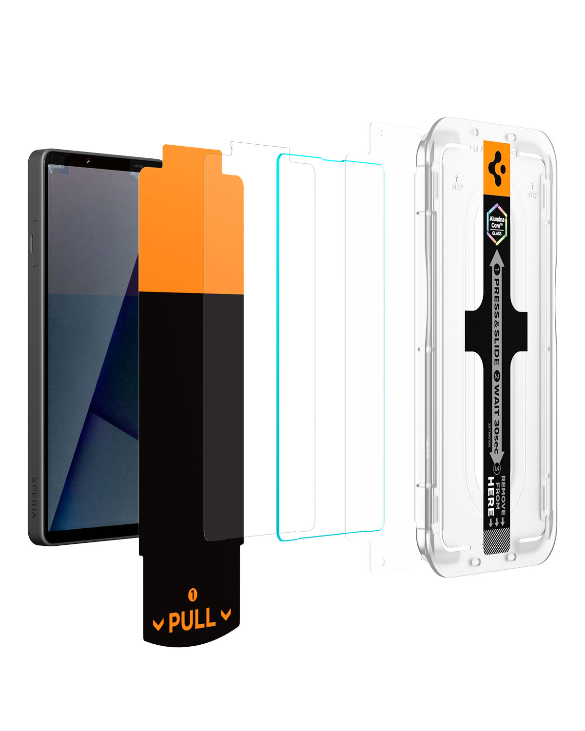 Exploded view of Xperia 10, clear glass protector and EZ Fit Pro installation parts