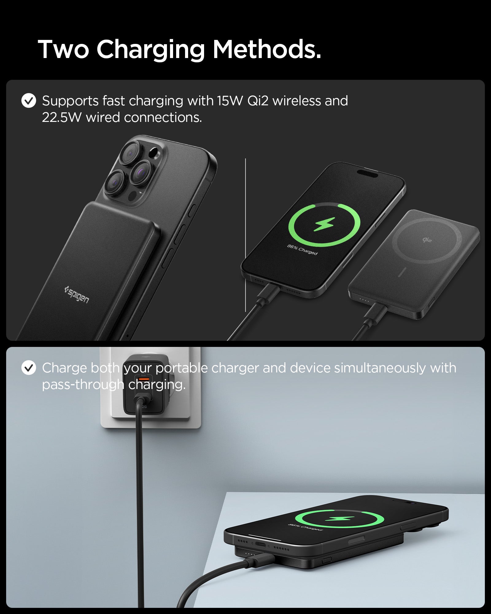 Spigen EA2205MQ supporting 15W Qi2 wireless and 22.5W USB-C charging