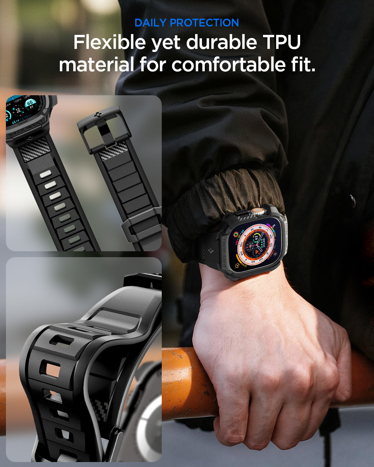 Spigen Apple Watch Ultra 4 / 3 / 2 / 1 (49mm) Case + Band – Rugged Armor Pro with Glass — Black, construction, fit or installation view 1
