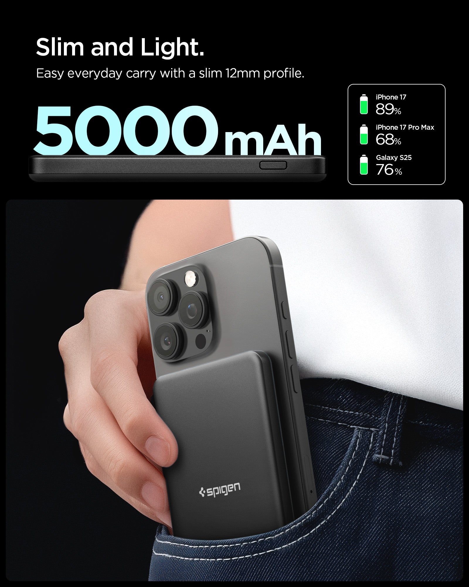 Slim 12mm black Spigen 5000mAh magnetic power bank in hand