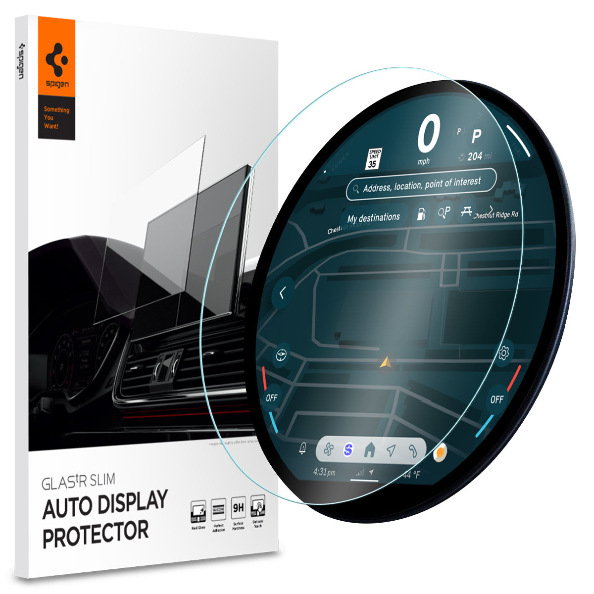 Spigen MINI Cooper (2025-2026) 9.4-inch Screen Protector – GlasTR Slim Matte — retail package and round screen protector