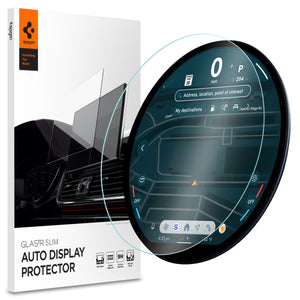Spigen MINI Cooper (2025-2026) 9.4-inch Screen Protector – GlasTR Slim Matte — retail package and round screen protector