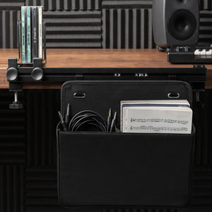 LD406 side organizer pouch holding cables and documents below a desk rail