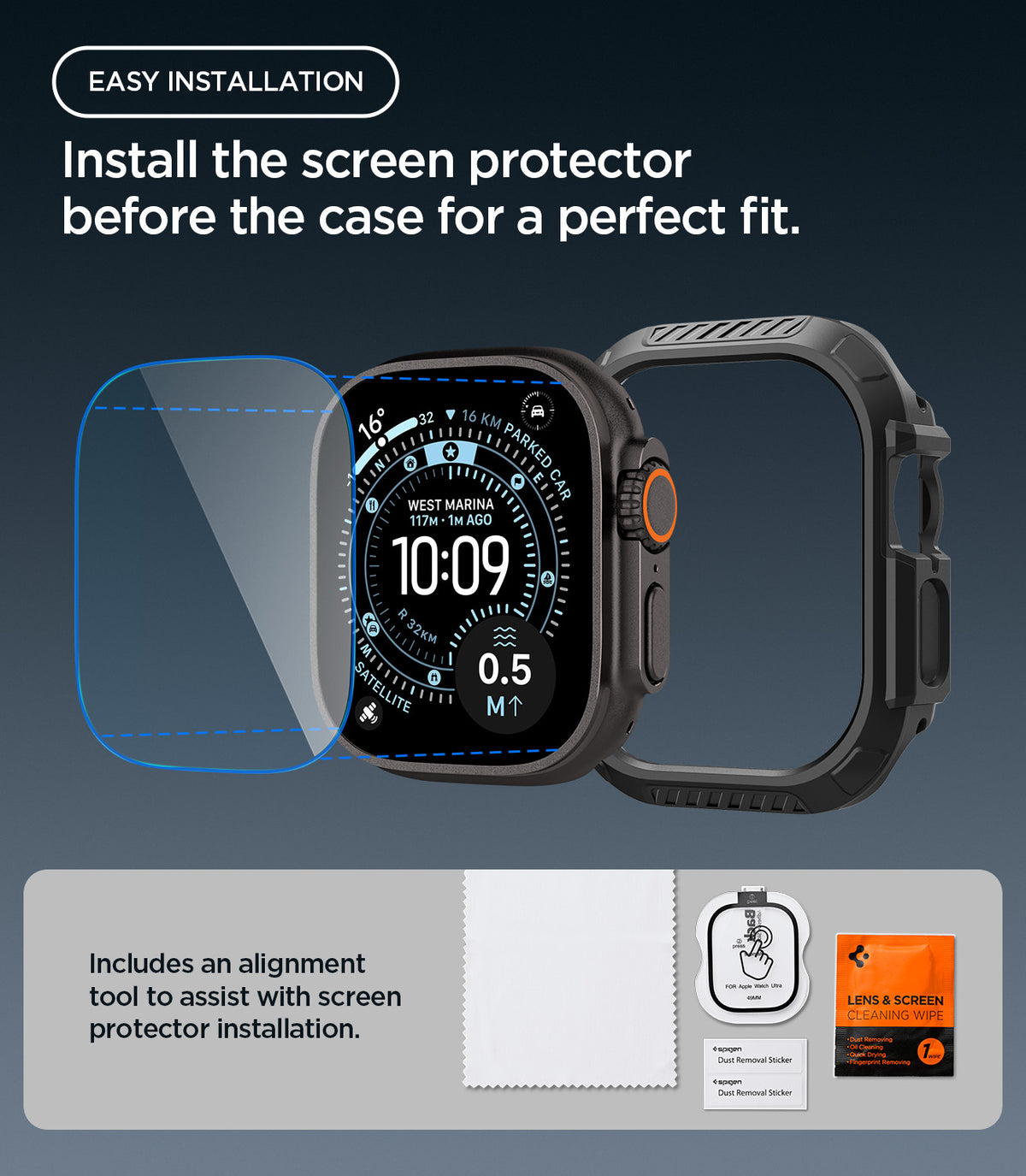 Spigen Apple Watch Ultra 4 / 3 / 2 / 1 (49mm) Case – Lock Fit with Glass — Black, construction, fit or installation view 4