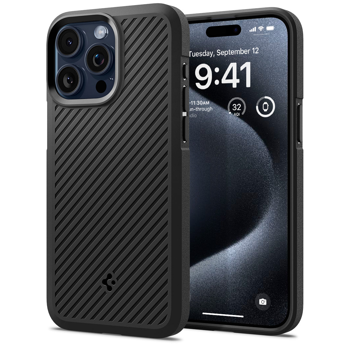 Spigen iPhone 15 Pro Core Armor case in Matte Black - front and rear three-quarter view