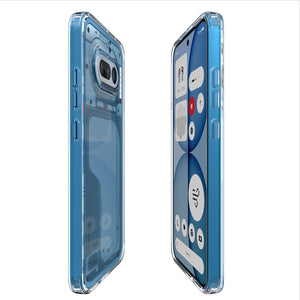 Front and back angled views of Nothing Phone 4a in the Spigen Ultra Hybrid case