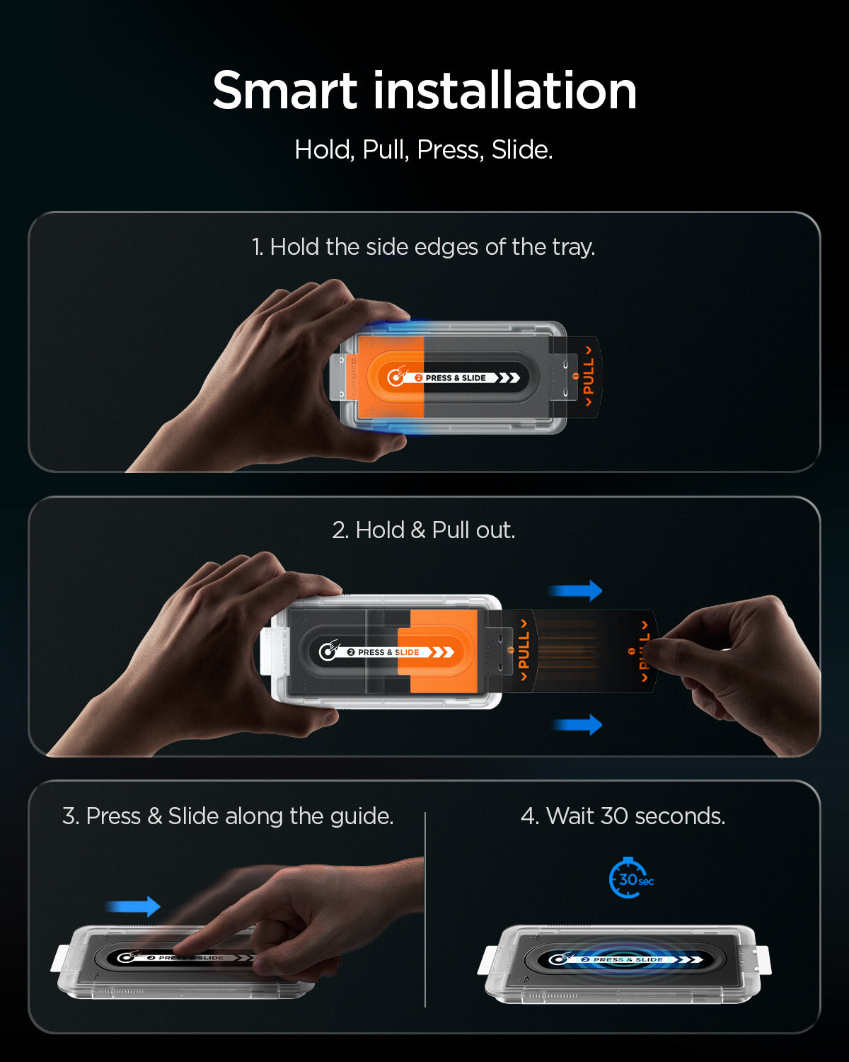 Hold pull press and slide steps for the EZ Fit Pro installation tray