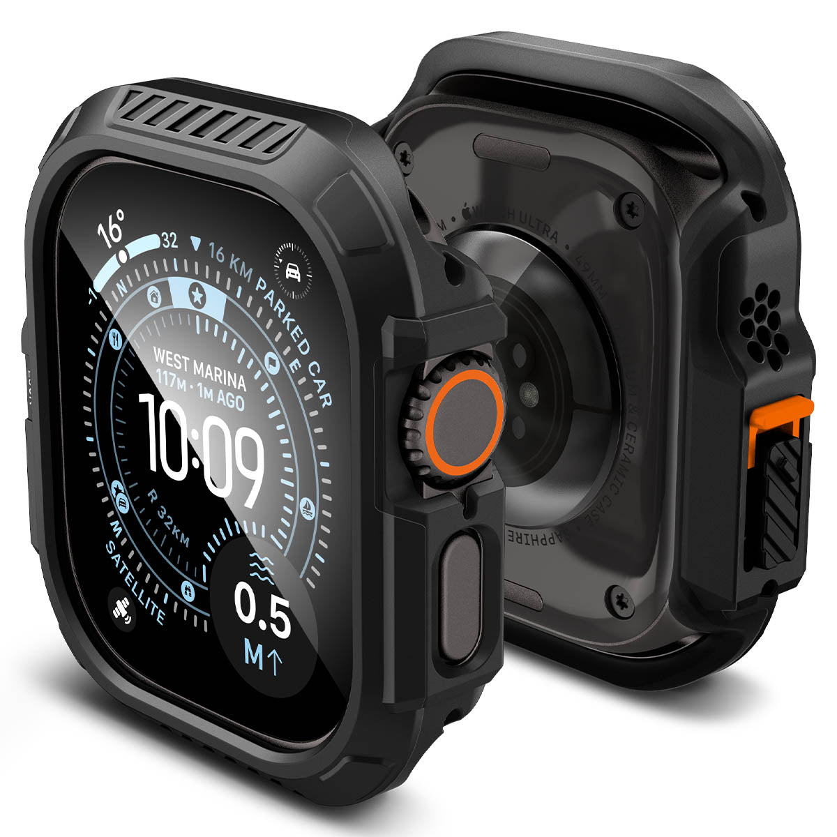 Spigen Apple Watch Ultra 4 / 3 / 2 / 1 (49mm) Case – Lock Fit with Glass — Black, construction, fit or installation view 11