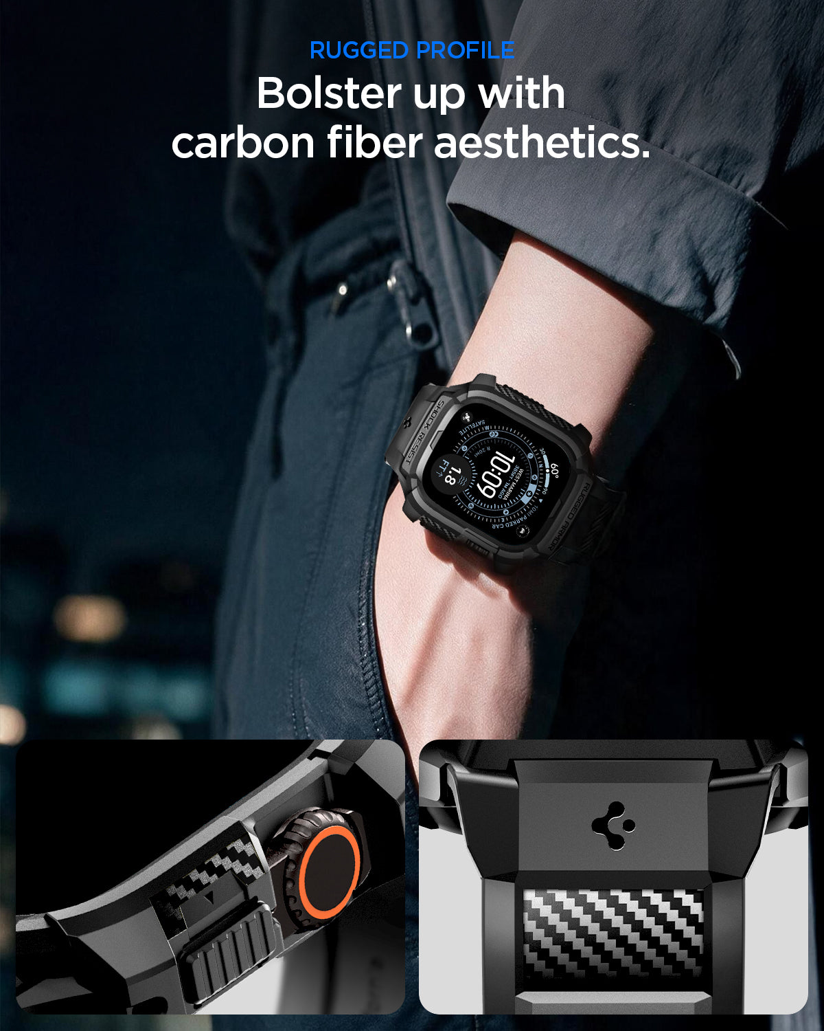 Spigen Apple Watch Ultra 4 / 3 / 2 / 1 (49mm) Case + Band – Rugged Armor Pro with Glass — Black, construction, fit or installation view 3