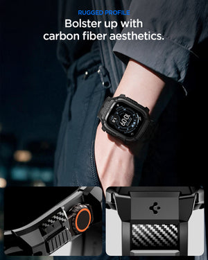 Spigen Apple Watch Ultra 4 / 3 / 2 / 1 (49mm) Case + Band – Rugged Armor Pro with Glass — Black, construction, fit or installation view 3