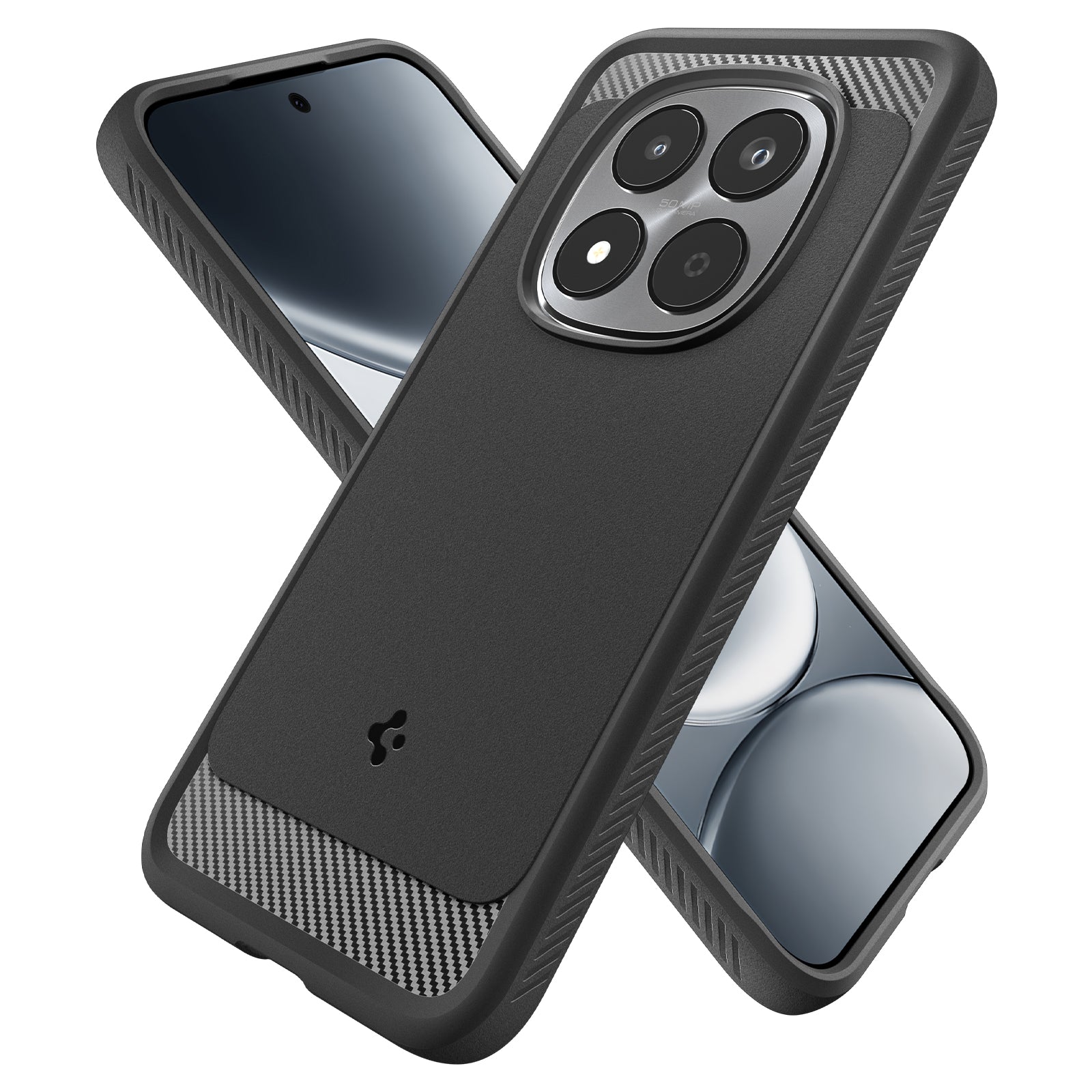 Front and rear crossed views of Redmi Note 15 Pro 5G in Rugged Armor