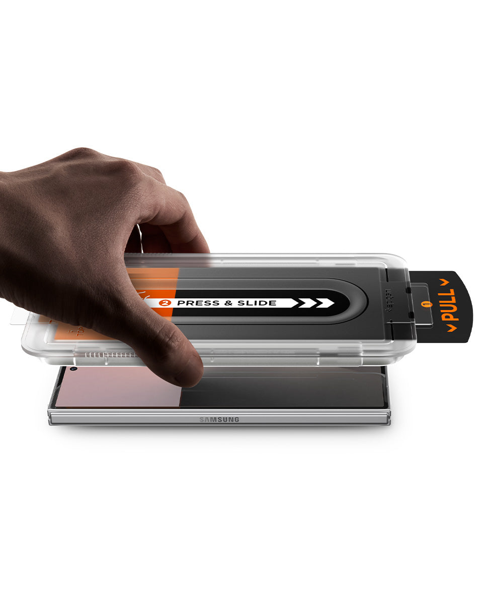 Press and slide step for aligning the Spigen privacy screen protector