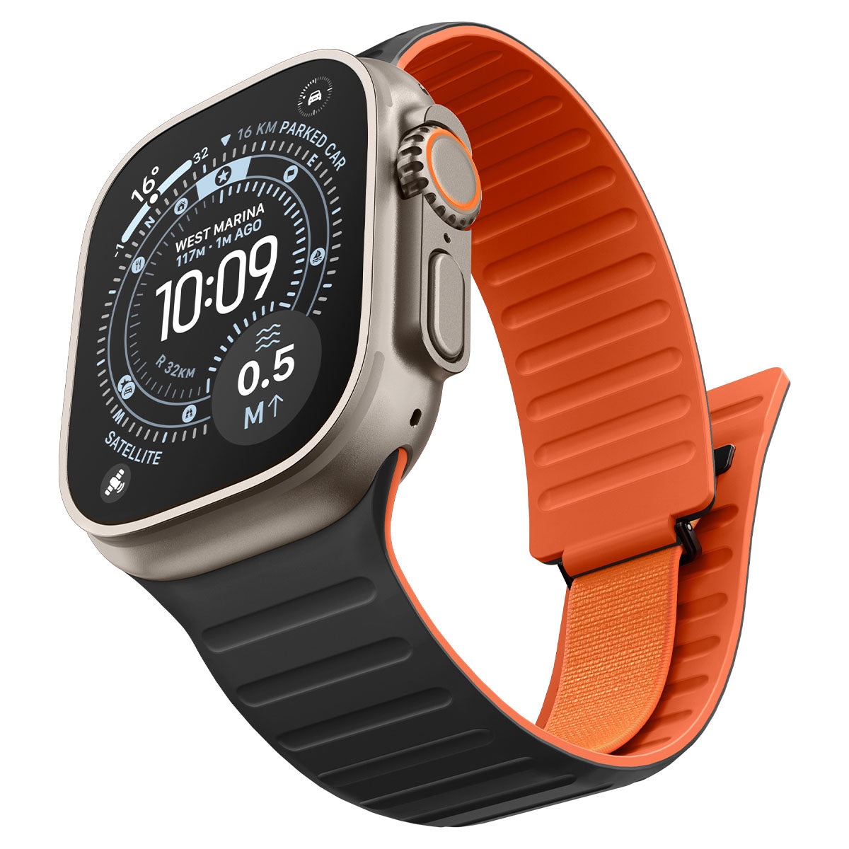 Angled front view of the black and orange Apple Watch magnetic band