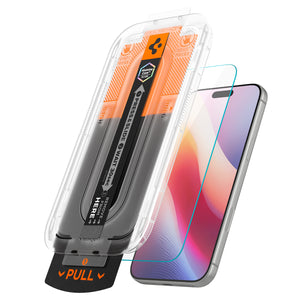 iPhone Pro clear glass protector beside the EZ Fit Pro alignment tray