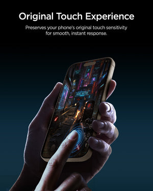 iPhone Pro Max clear glass protector showing normal touch response