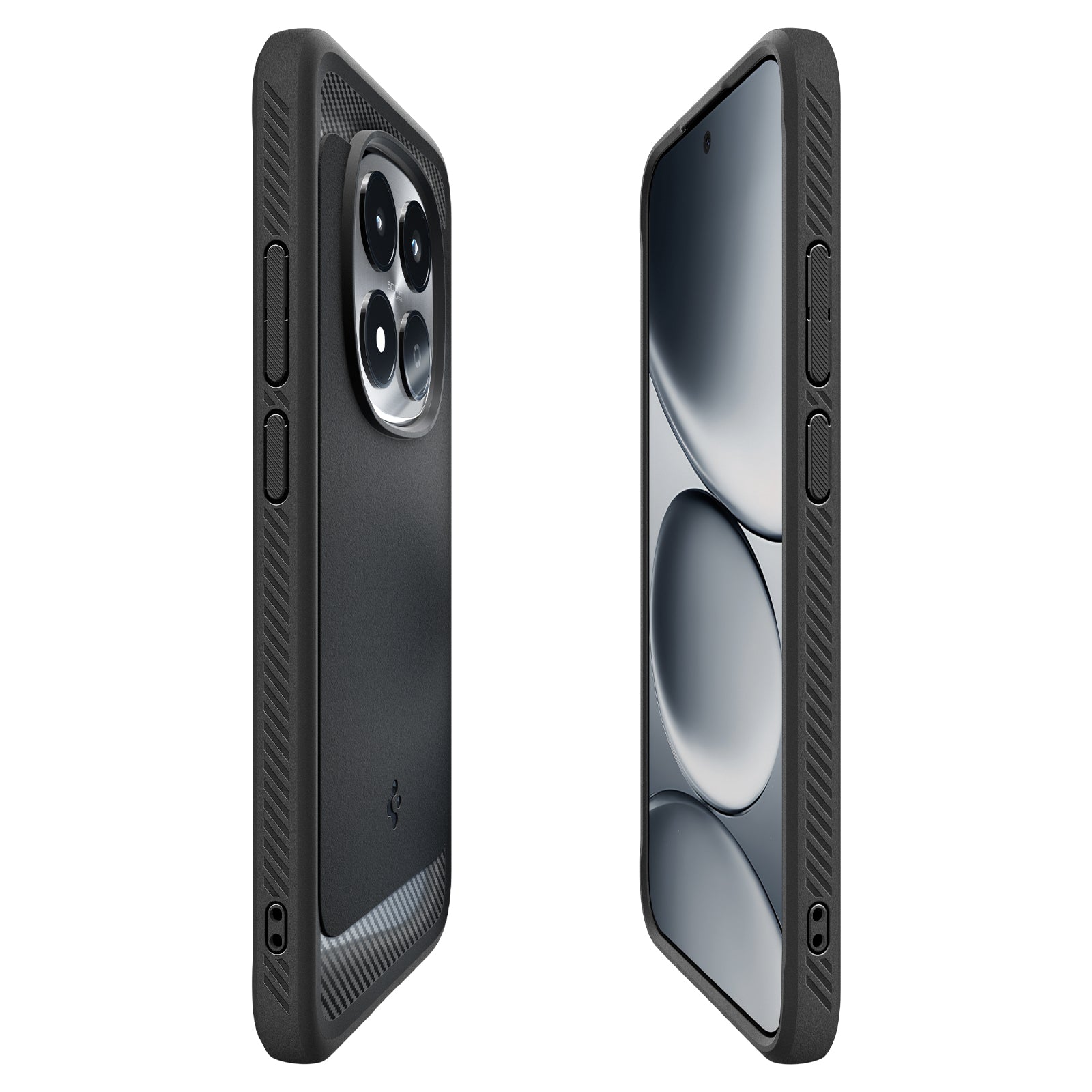 Angled front and back views of the Matte Black Rugged Armor case