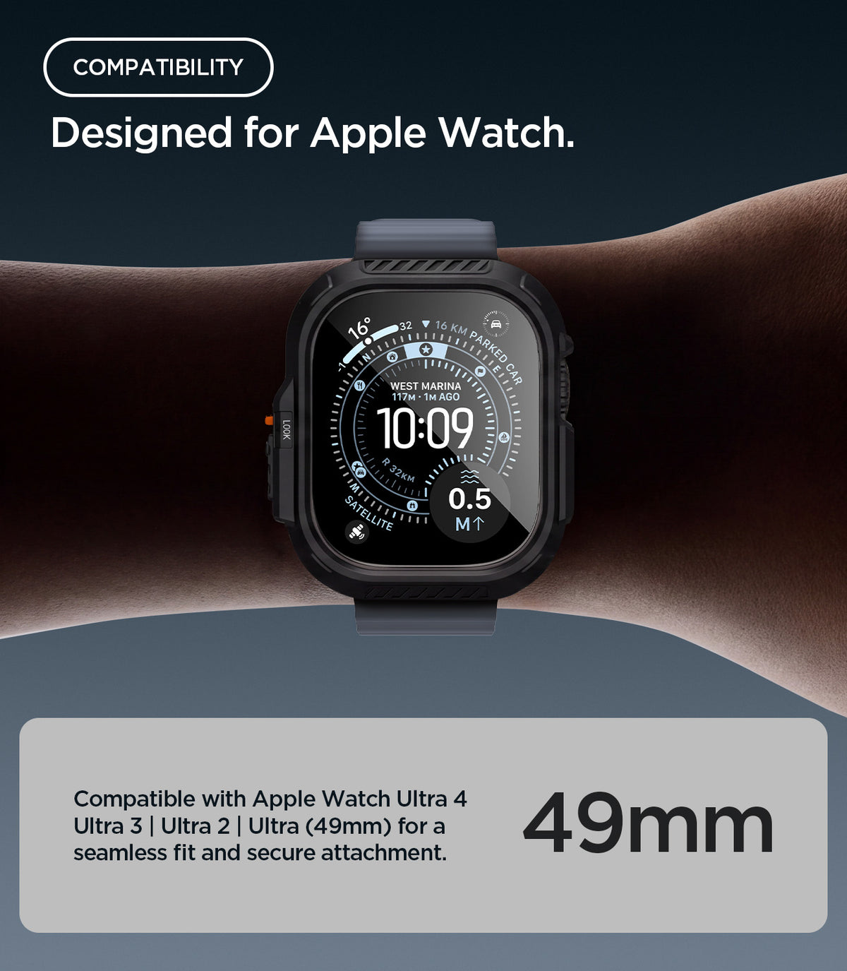 Spigen Apple Watch Ultra 4 / 3 / 2 / 1 (49mm) Case – Lock Fit with Glass — Black, construction, fit or installation view 5