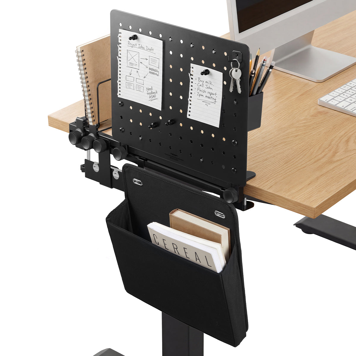 Spigen LD406 clamp-on desk pegboard organizer with rail, side pouch and accessories