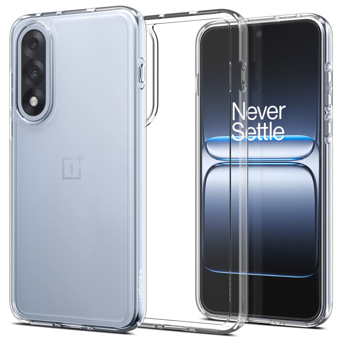 Crystal Clear Spigen Ultra Hybrid case shown on OnePlus Nord 5 5G from front and back