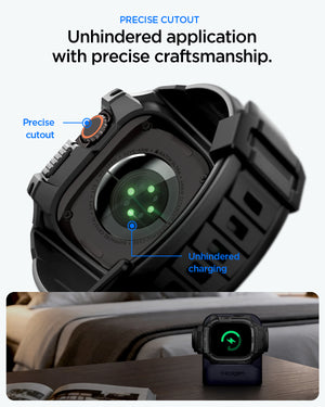 Spigen Apple Watch Ultra 4 / 3 / 2 / 1 (49mm) Case + Band – Rugged Armor Pro with Glass — Black, construction, fit or installation view 2