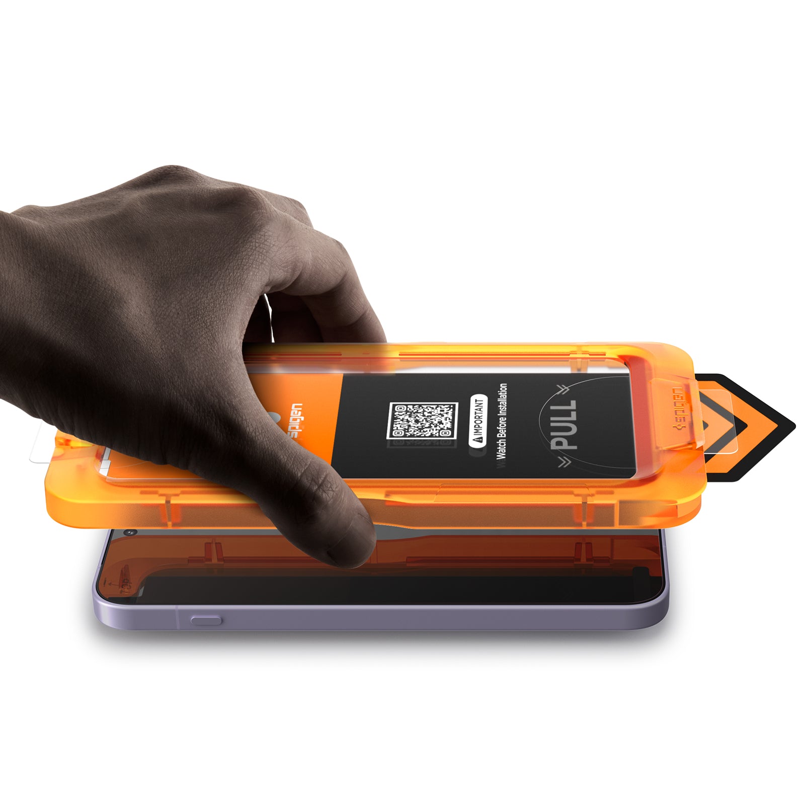 Hand pressing the AlignMaster S tray onto a OnePlus 15 display
