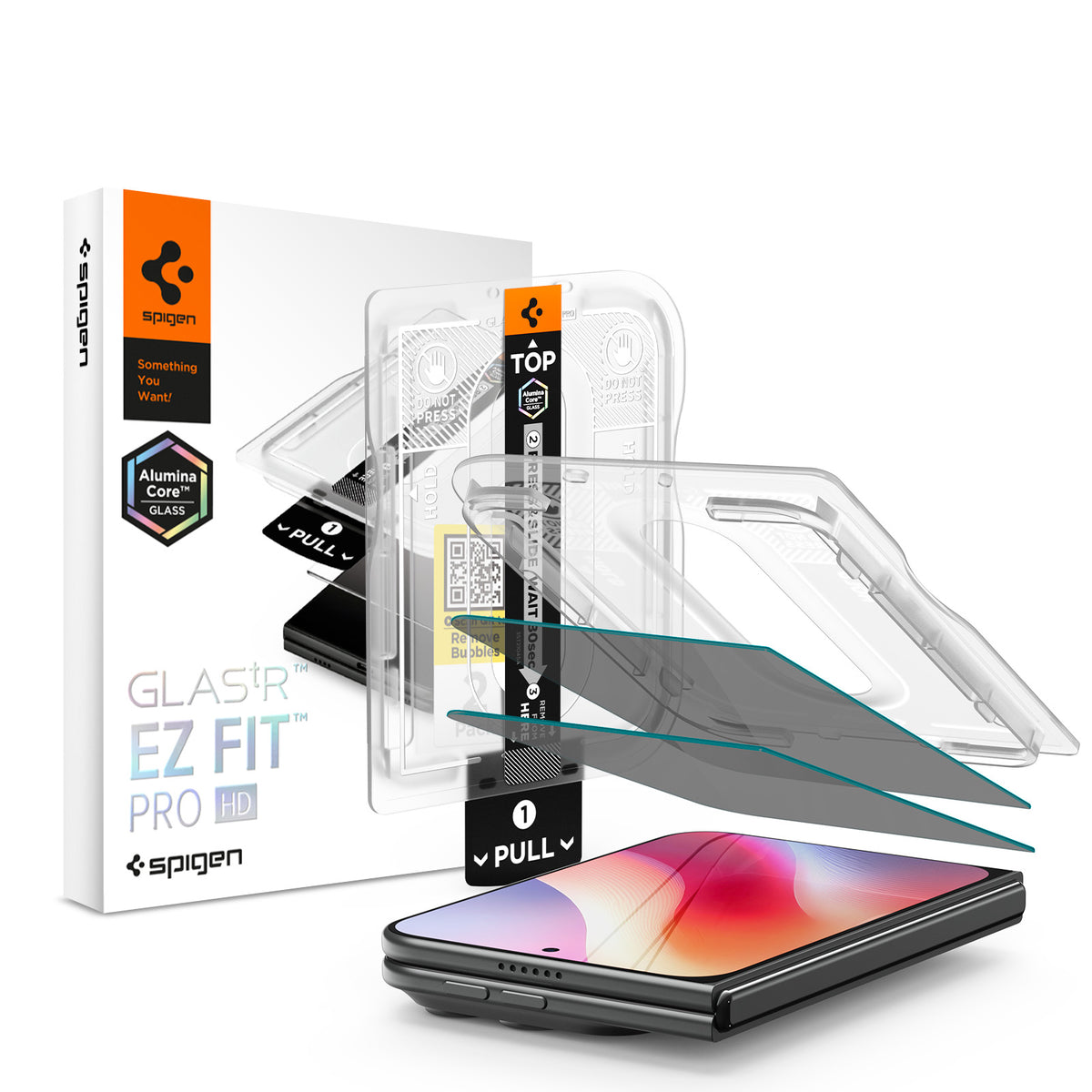 Spigen iPhone Duo Privacy Glas.tR EZ Fit Pro HD — Offline Version, 2 Pack, retail box and installation tray